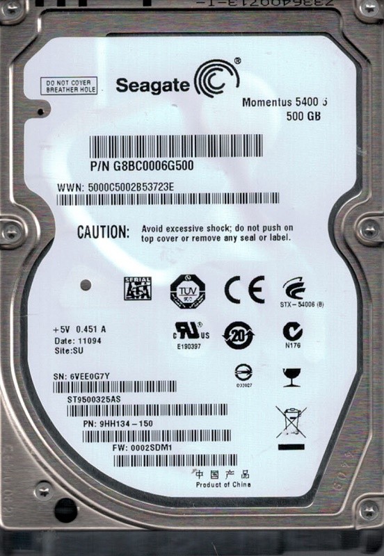 Seagate ST9500325AS 500GB P/N: 9HH134-150 F/W: 0002SDM1 SU