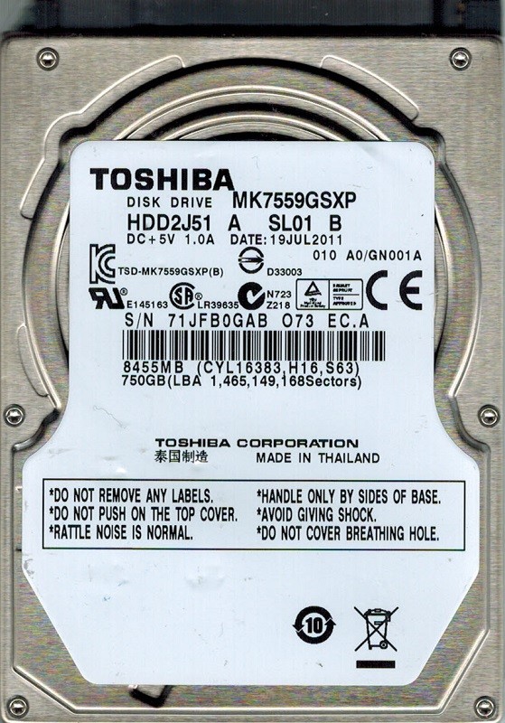 Toshiba MK7559GSXP 750GB HDD2J51 A SL01 B THAILAND