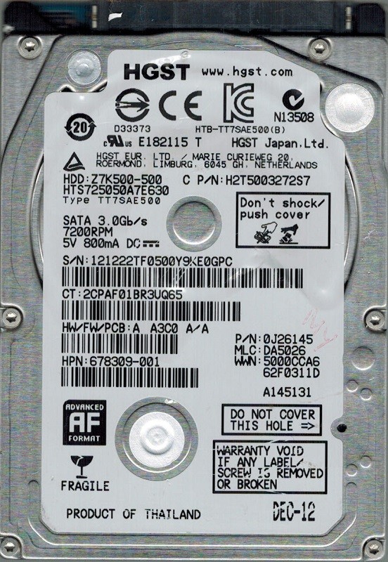 Hitachi HTS725050A7E630 P/N: 0J26145 MLC: DA5026 500GB