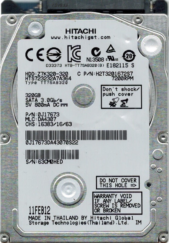 HTS723232A7A364 MLC: DA4307 P/N: 0J17673 Hitachi 320GB