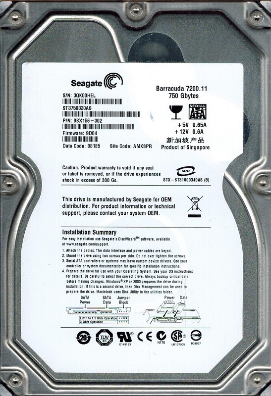 Seagate ST3750330AS P/N: 9BX156-302 F/W: SD04 AMKSPR 750GB