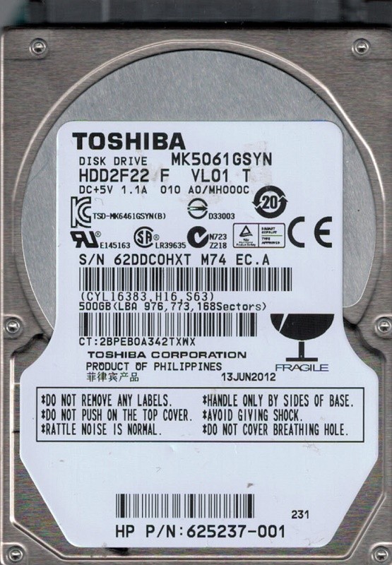 Toshiba MK5061GSYN 500GB HDD2F22 F VL01 T F/W: A0/MH000C