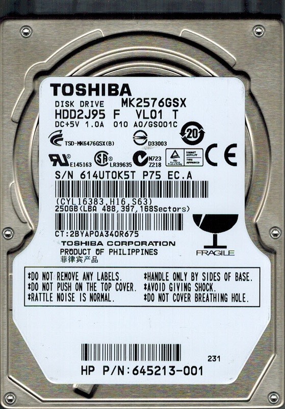 Toshiba MK2576GSX HDD2J95 F VL01 T 250GB