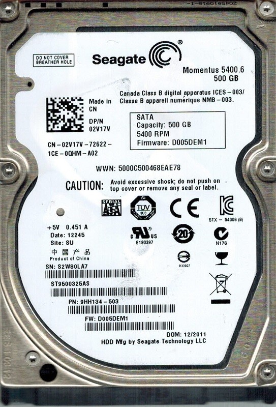 Seagate ST9500325AS P/N: 9HH134-503 F/W: D005DEM1 SU 500GB