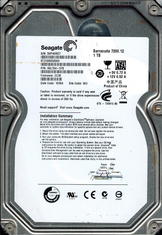 Seagate ST31000528AS P/N: 9SL154-578 F/W: CC38 1TB WU