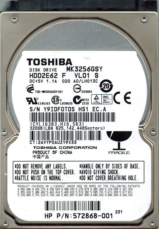 Toshiba MK3256GSY HDD2E62 F VL01 S F/W: A0/LH013C CHINA 320GB
