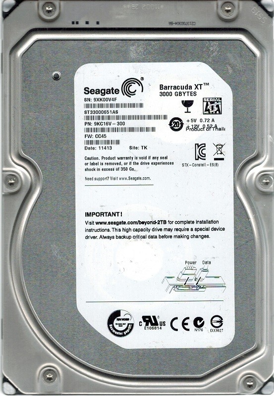 Seagate ST33000651AS F/W: CC45 P/N: 9KC16V-300 TK 9XK 3TB