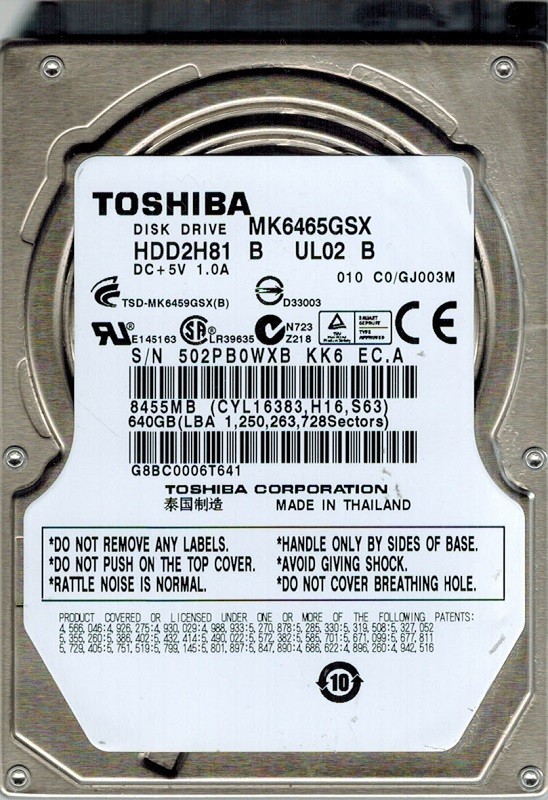 Toshiba MK6465GSX HDD2H81 B UL02 B 640GB THAILAND F/W: C0/GJ003M