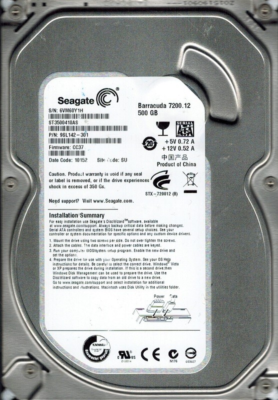 Seagate ST3500418AS P/N: 9SL142-301 F/W: CC37 SU 500GB 