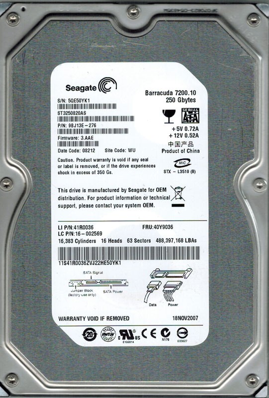 Seagate ST3250820AS P/N: 9BJ13E-276 F/W: 3.AAE 250GB WU