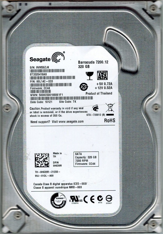 Seagate ST3320418AS P/N: 9SL14C-033 F/W: CC44 320GB TK