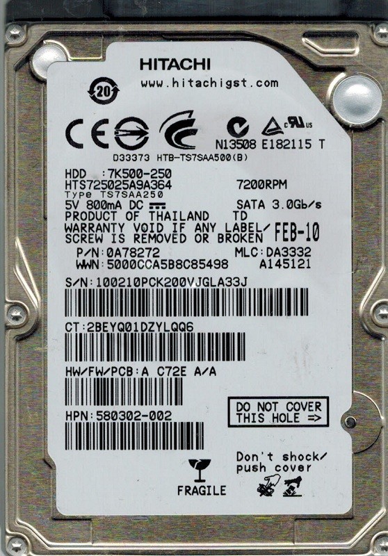 Hitachi HTS725025A9A364 P/N: 0A78272 MLC: DA3332 250GB