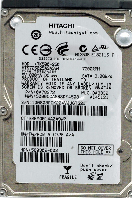 Hitachi HTS725025A9A364 MLC: DA3332 P/N: 0A78272 250GB