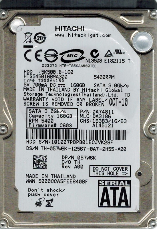 Hitachi HTS545016B9A300 P/N: 0A74811 MLC: DA3186 160GB
