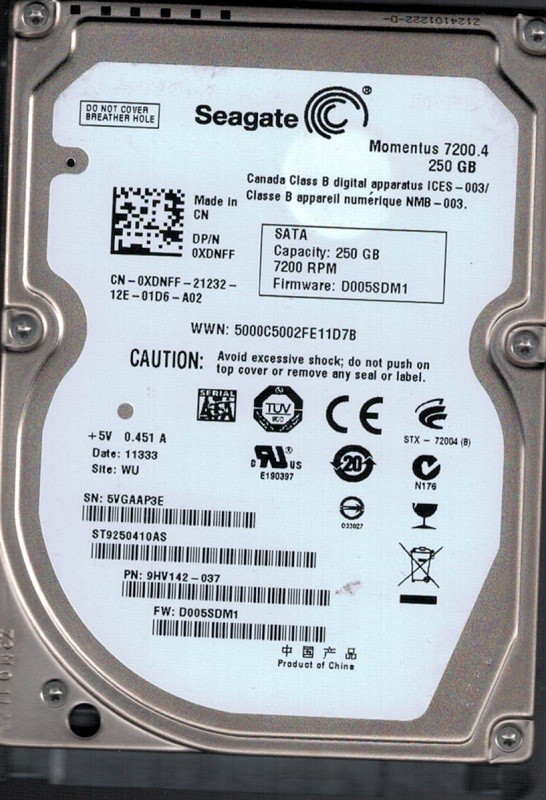 Seagate ST9250410AS P/N: 9HV142-037 F/W: D005SDM1 250GB WU