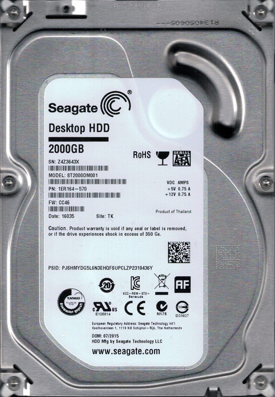 ST2000DM001 P/N: 1ER164-570 F/W: CC46 TK Z4Z Seagate 2TB Desktop HDD