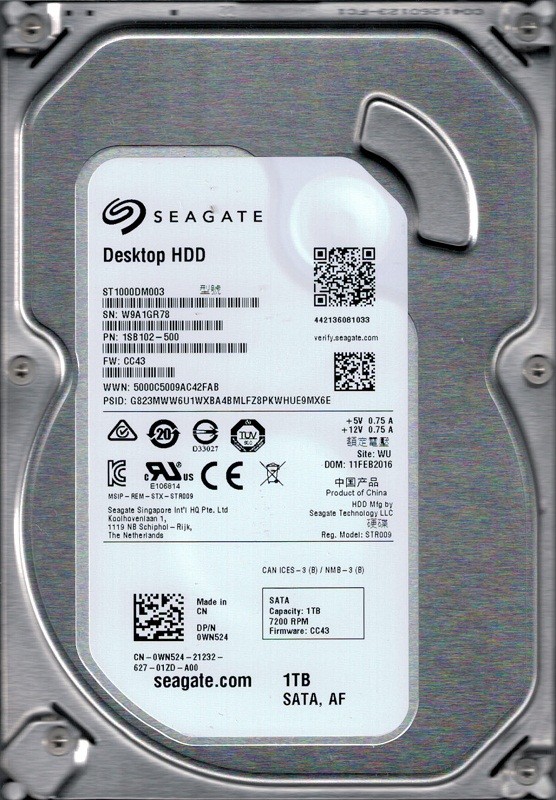 ST1000DM003 P/N: 1SB102-500 F/W: CC43 WU W9A Seagate 1TB