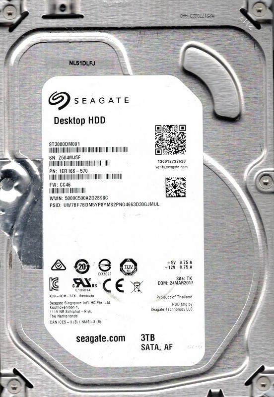 ST3000DM001 P/N: 1ER166-570 F/W: CC46 TK Z50 Seagate 3TB Desktop HDD