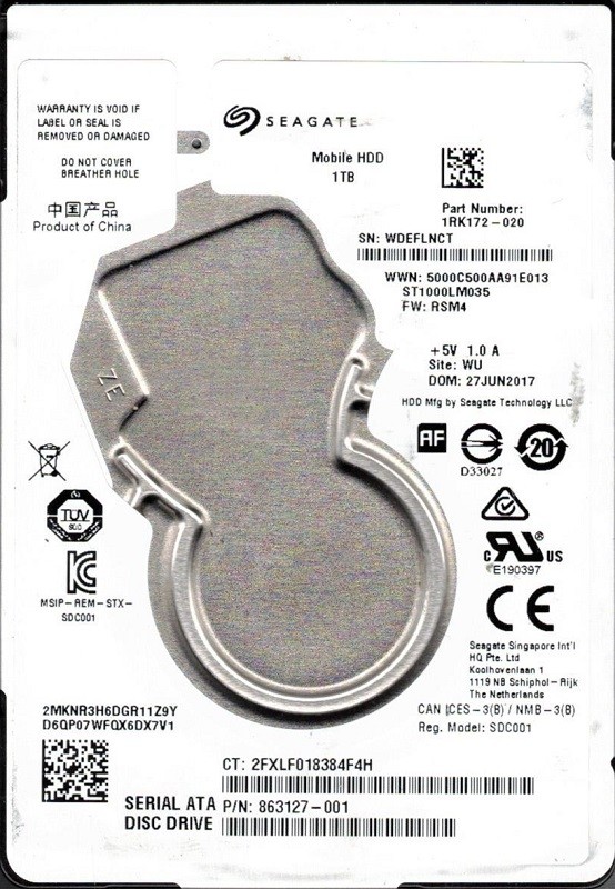 ST1000LM035 P/N: 1RK172-020 F/W: RSM4 WU WDE Seagate 1TB