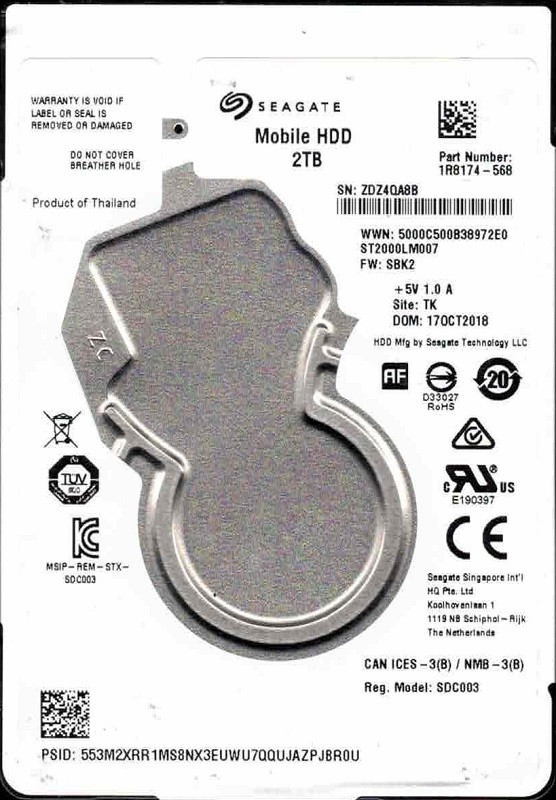 ST2000LM007 P/N: 1R8174-568 F/W: SBK2 TK ZDZ4 OCT 2018 Seagate 2TB