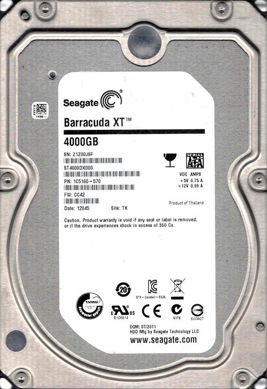 ST4000DX000 P/N: 1C5160-570 F/W: CC42 TK Z1Z0 07/2011 Seagate 4TB Barracuda XT