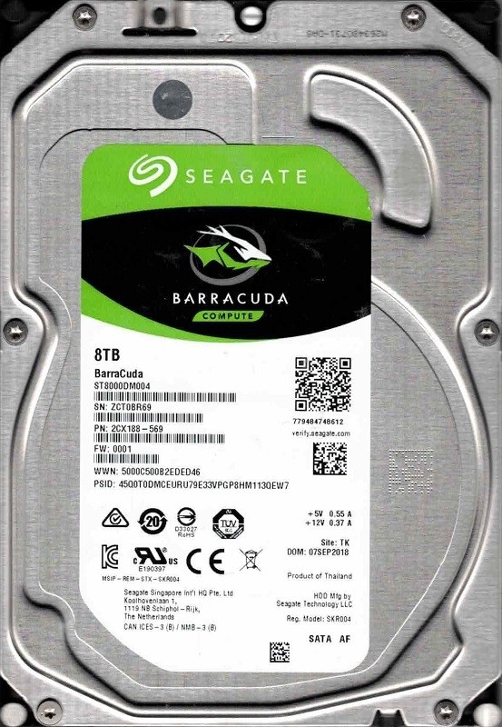 ST8000DM004 P/N: 2CX188-569 F/W: 0001 TK ZCT0 SEP 2018 Seagate 8TB