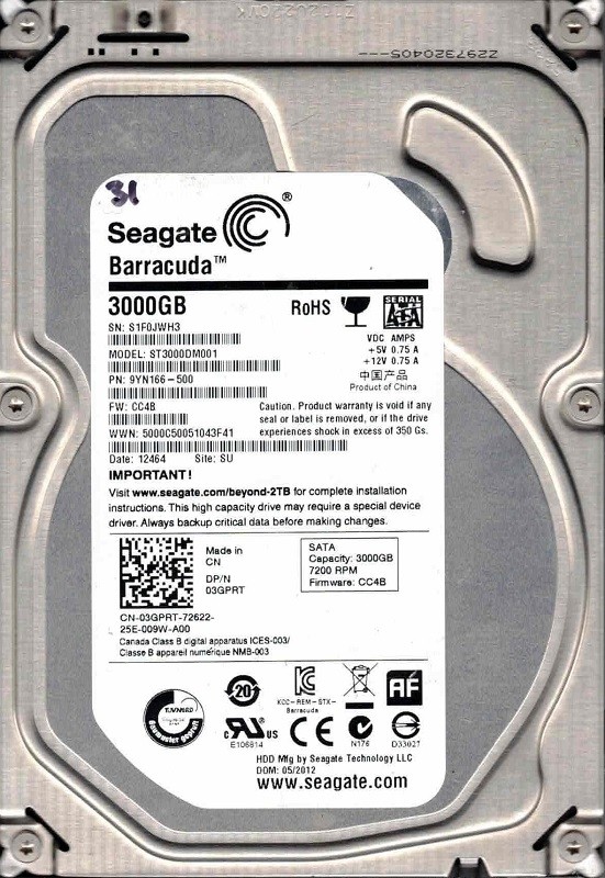 ST3000DM001 F/W: CC4B P/N: 9YN166-500 SU S1F MAY 2021 Seagate 3TB