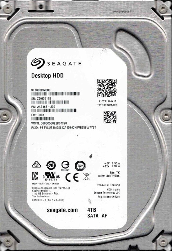 ST4000DM000 P/N: 2AE166-300 F/W: 0001 TK ZDH0 SEP 2016 Seagate HDD 4TB
