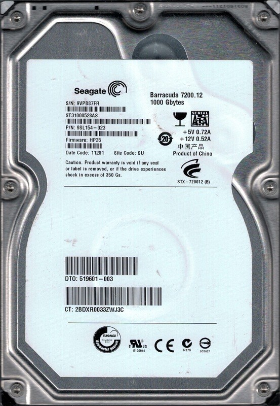 Seagate ST31000528AS P/N: 9SL154-023 F/W: HP35 1TB SU 9VP Bad Sectors