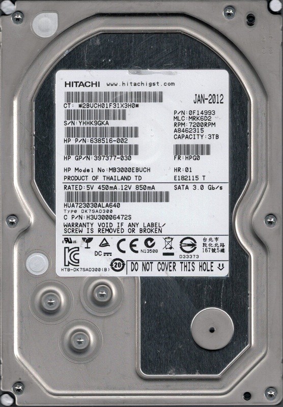 HUA723030ALA640 P/N: 0F14993 MLC: MRK6D2 Thailand Hitachi 3TB