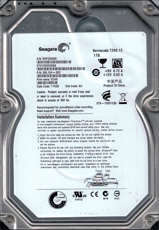 ST31000528AS P/N: 9SL154-302 F/W: CC46 SU 6VP Seagate 1TB