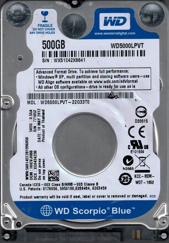 Western Digital WD5000LPVT-22G33T0 500GB DCM: HHCVJHBB WX51C