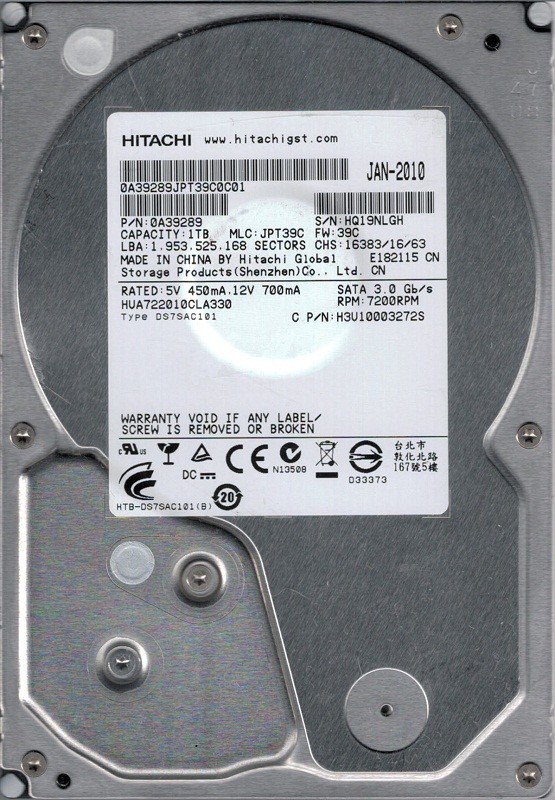 HUA722010CLA330 P/N: 0A39289 MLC: JPT39C China Hitachi 1TB