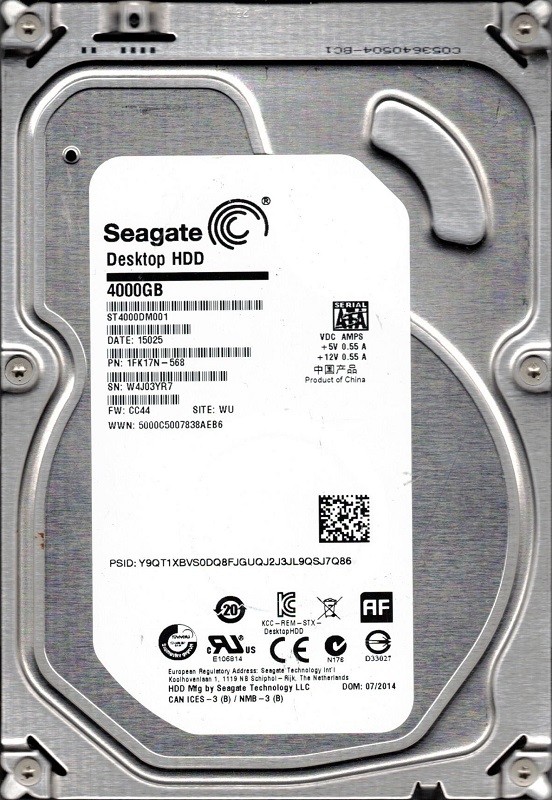ST4000DM001 P/N: 1FK17N-568 F/W: CC44 WU W4J Seagate 4TB