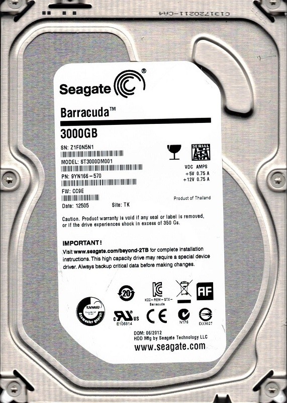 ST3000DM001 F/W: CC9E P/N: 9YN166-570 TK Z1F Seagate 3TB