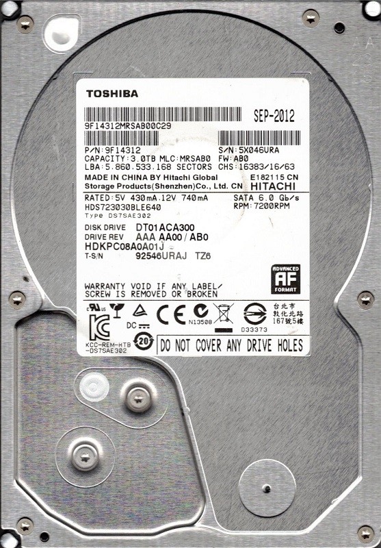 Toshiba HDS723030BLE640 P/N: 9F14312 MLC: MRSAB0 DT01ACA300 3TB Hitachi