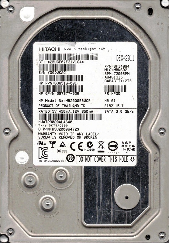 Hitachi HUA723020ALA640 P/N: 0F14994 MLC: MRK6D2 2TB