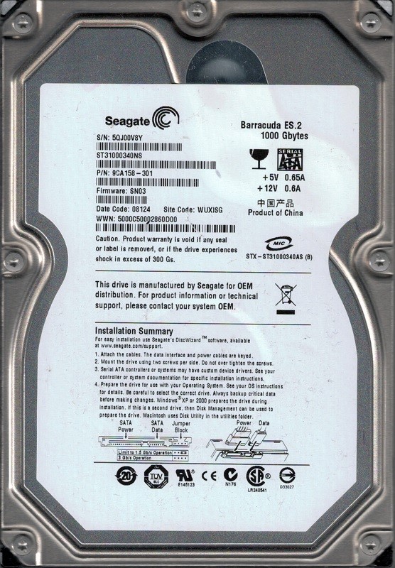 Seagate ST31000340NS P/N: 9CA158-301 F/W: SN03 WUXISG 5QJ 1TB