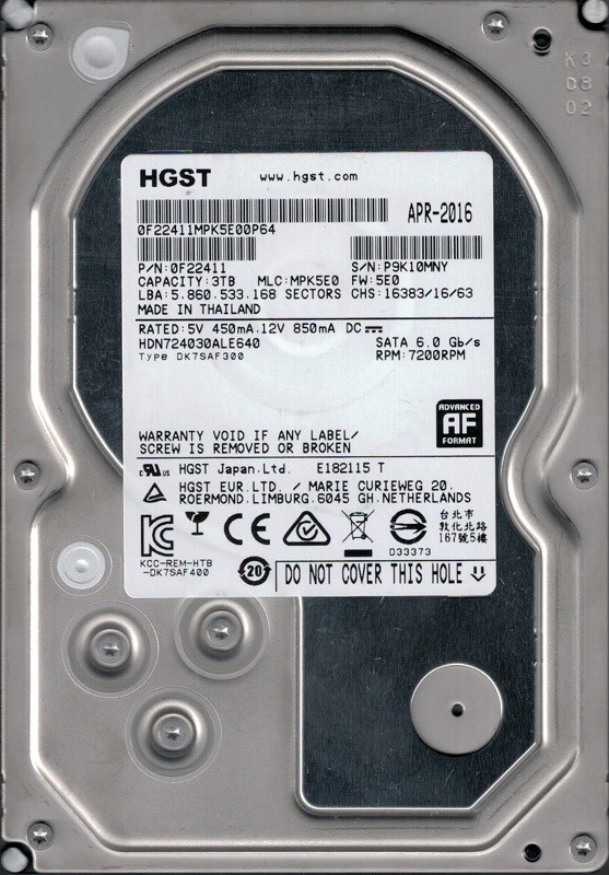 HGST HDN724030ALE640 P/N: 0F22411 MLC: MPK5E0 3TB