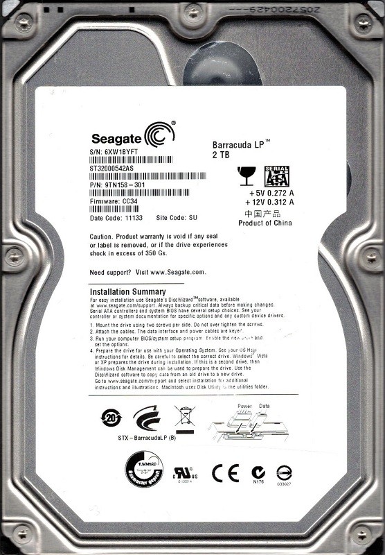 Seagate ST32000542AS P/N: 9TN158-301 F/W: CC34 2TB SU 6XW