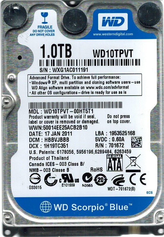 WD10TPVT-00HT5T1 Western Digital DCM: HBBVJBBB 1TB