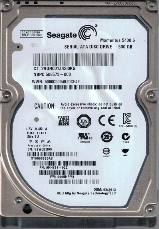Seagate ST9500325AS 500GB P/N: 9HH134-022 F/W: 0005HPM1 SU