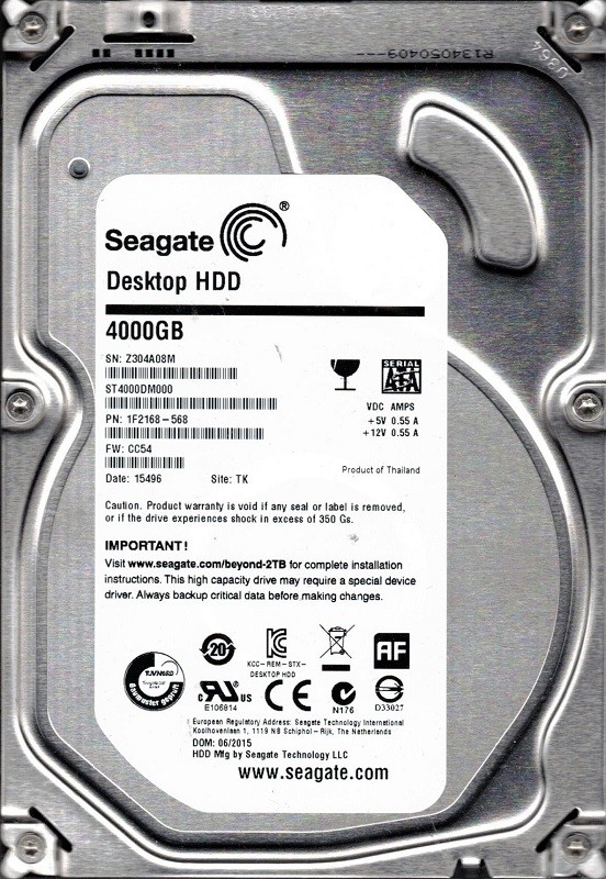 ST4000DM000 F/W: CC54 P/N: 1F2168-568 4TB TK Z30 Seagate Desktop HDD