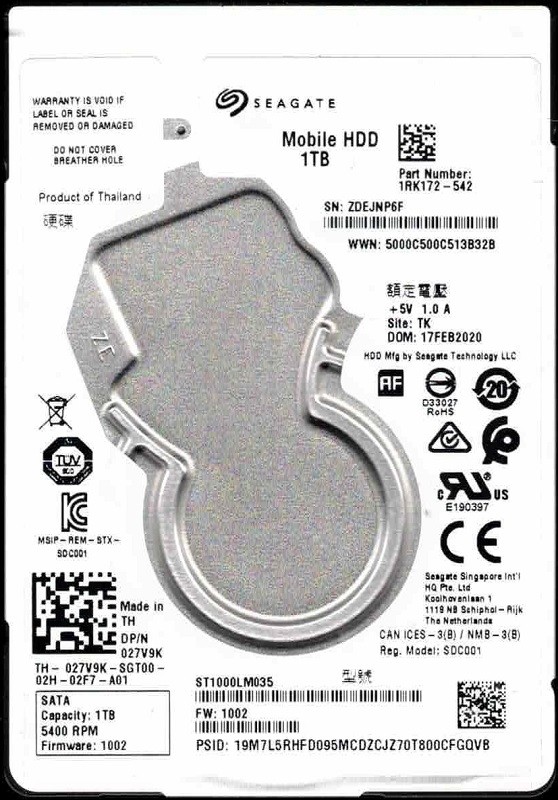 ST1000LM035 P/N: 1RK172-542 F/W: 1002 TK ZDEJ Seagate Mobile HDD 1TB