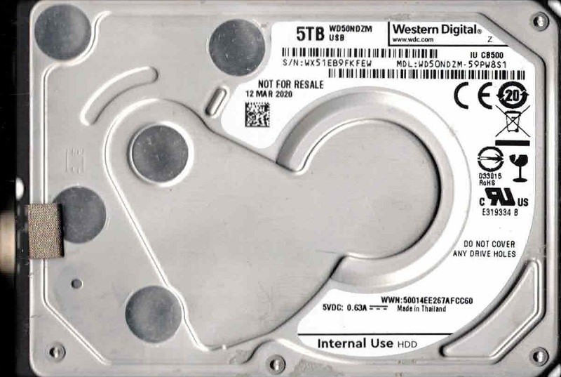 WD50NDZM-59PW8S1 WX51E MAR 2020 Thailand Western Digital 5TB USB C Hard Drive