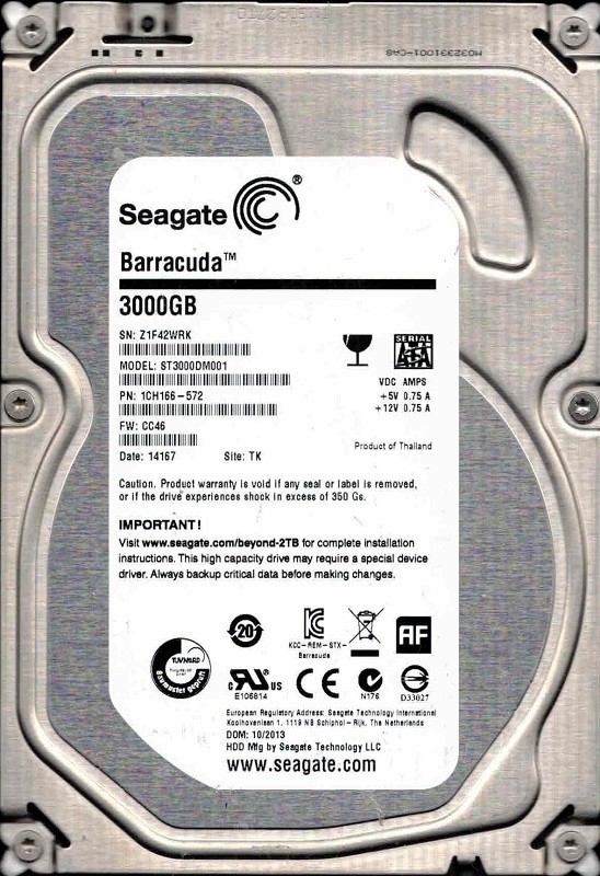 ST3000DM001 P/N: 1CH166-572 F/W: CC46 TK Z1F4 10/2013 Seagate 3TB