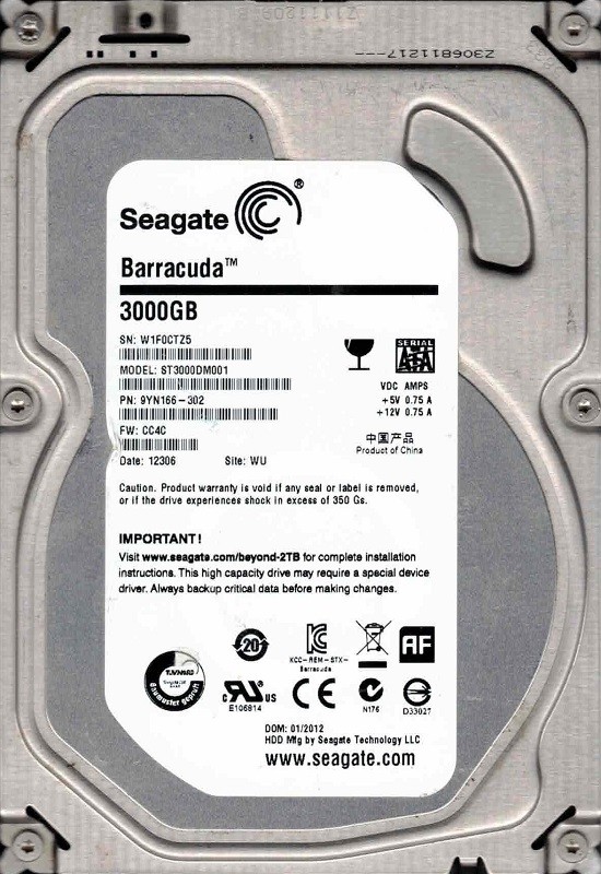 ST3000DM001 P/N: 9YN166-302 F/W: CC4C WU W1F0 01/2012 Seagate 3TB