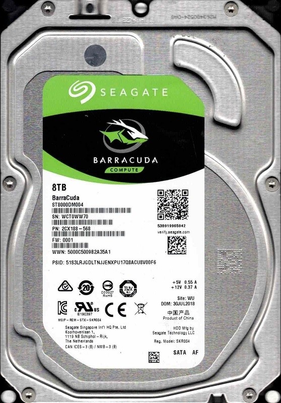 ST8000DM004 P/N: 2CX188-568 F/W: 0001 WU WCT0 JUL 2018 Seagate 8TB