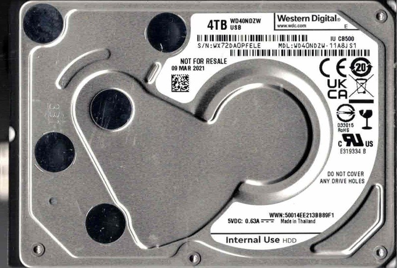 WD40NDZW-11A8JS1 USB 3.0 WX72D MAR 2021 Thailand 4TB Western Digital