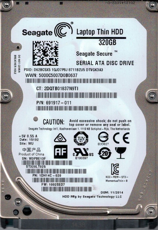 ST320LT025 P/N: 1DH14C-020 F/W: 1002SED7 WU Seagate 320GB W3P